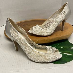 Paradox London Pink White Lace Peep Toe Heels